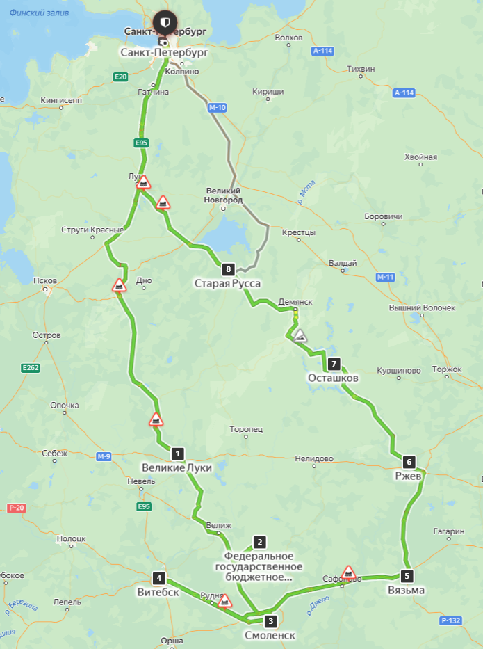 По расстоянию получилось 2000 с небольшим километров. Остановки - Великие Луки (1 ночь), Смоленское поозерье (проездом), Смоленск (4 ночи), Витебск (проездрм), Вязьма (проездом), Ржев (2 ночи), Осташков (1 ночь), Старая Русса - проездом. Выехали утром 1 мая, приехали вечером 9 мая.