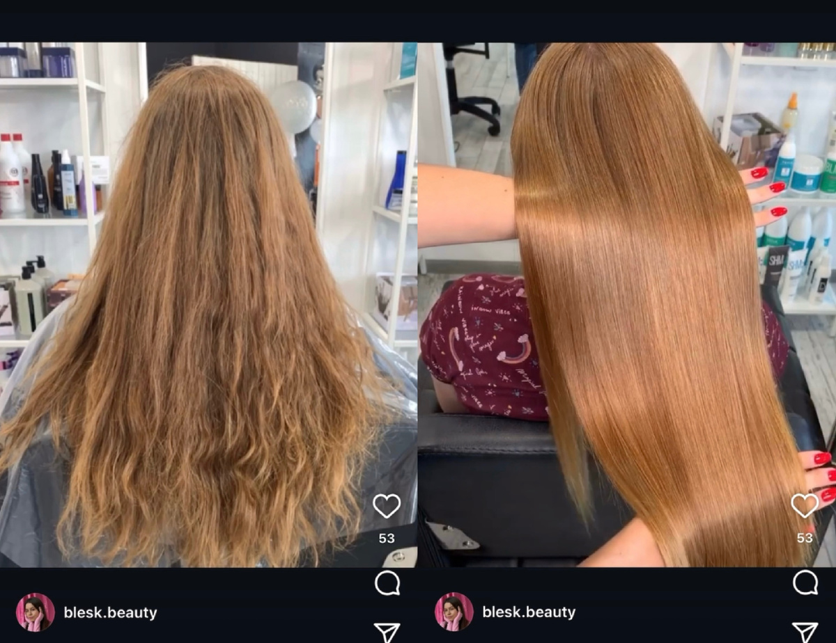 1 - мои натуральные волны, пористость, сухие концы, 2 - с кератиновым выпрямлением