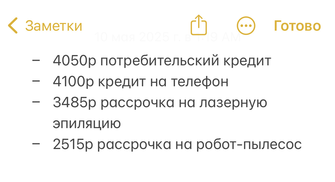 Мои долговые обязательства с платежом 1р/мес 
