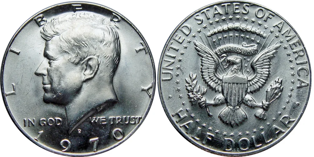 50 центов (хаф) с изображением Кеннеди 1970 года из серебра 400 пробы. 