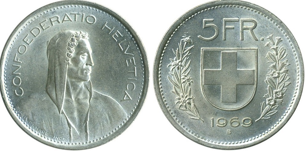 5 франков 1969 года из серебра 835 пробы