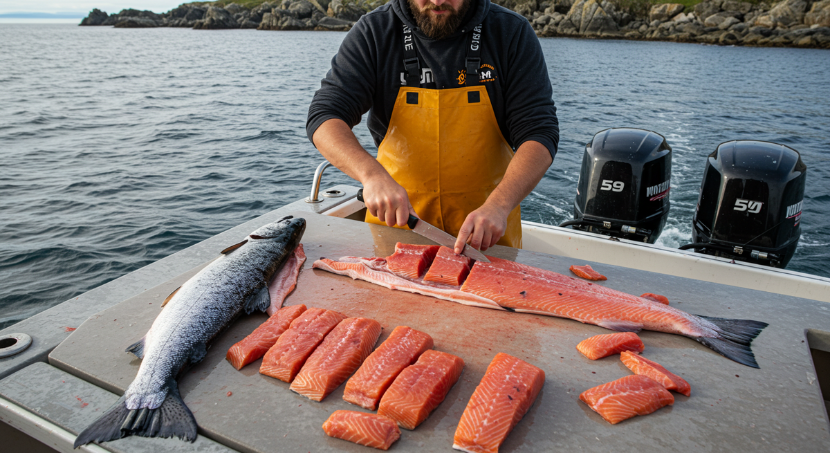 Мужчина поймал дикого лосося и сразу разделывает его на стейки
