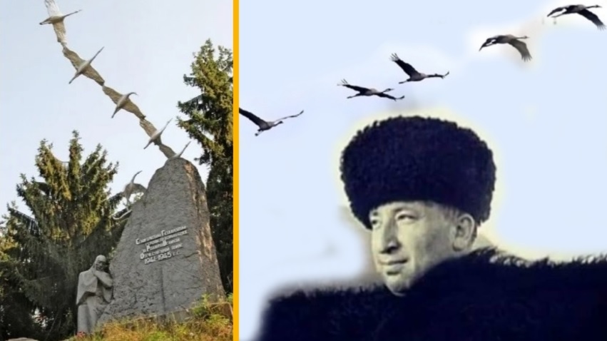 Памятник братьям Газдаловым. Дагестанский поэт Р.Гамзатов, автор стихотворения "Журавли".