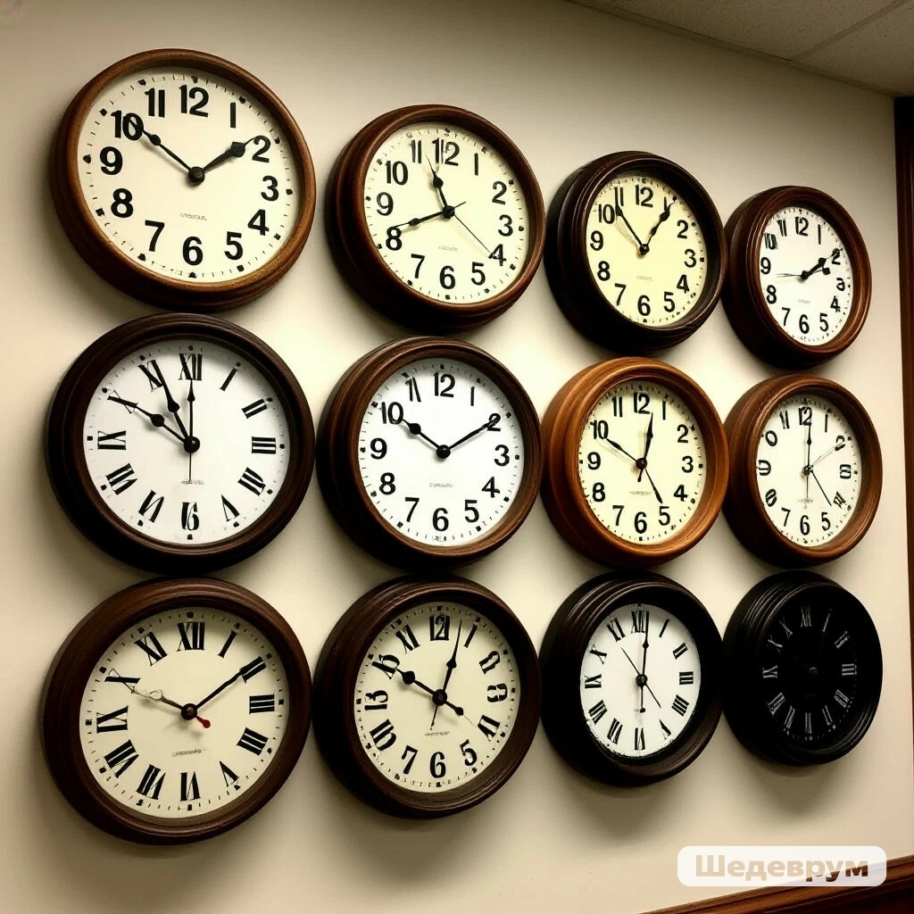 Стена с 5-6 разными часами, все показывают разное время (но между 3 и 4 — пустота)