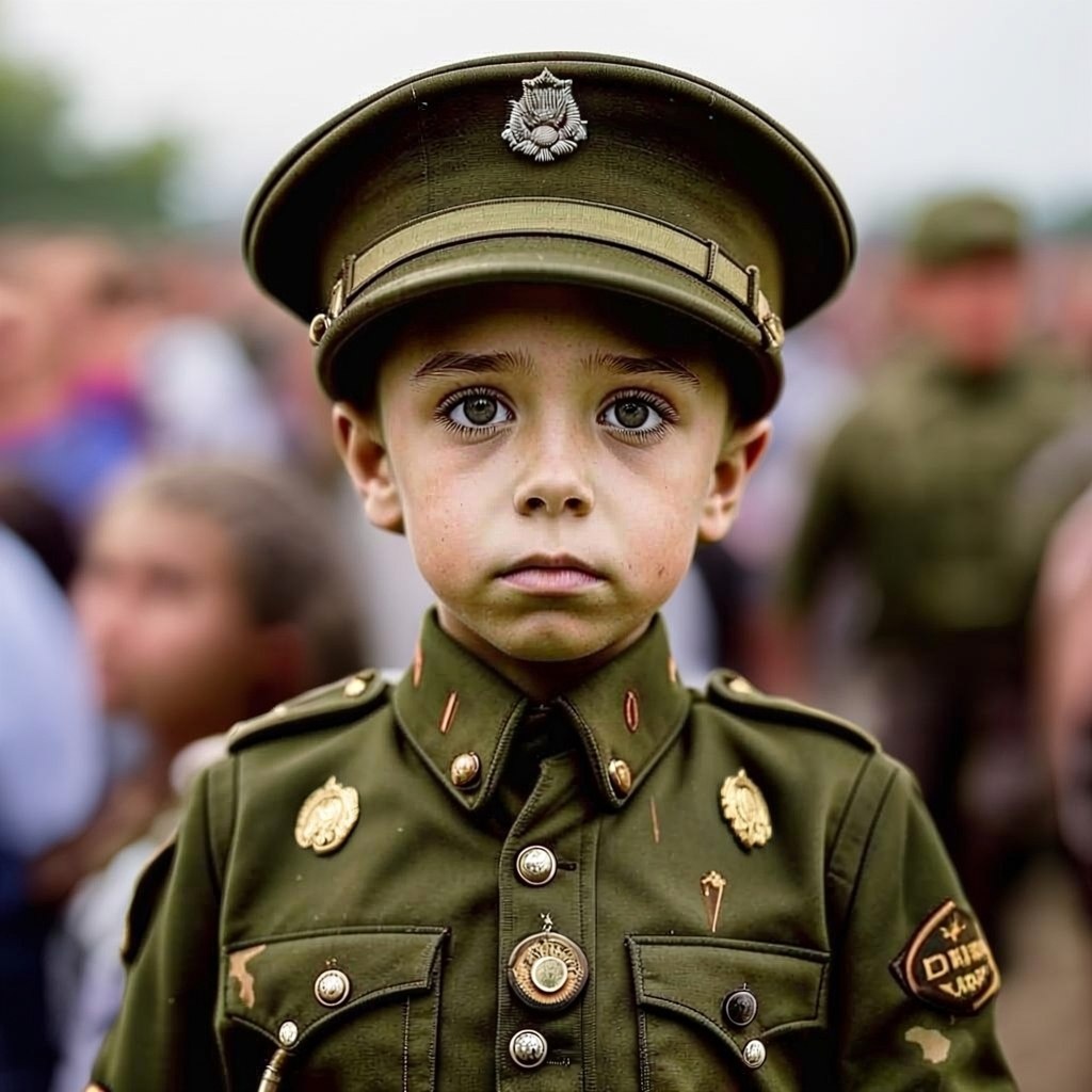 Мальчик симпатичный, в военную форму одет с орденами на груди. Картинка из нейросети.