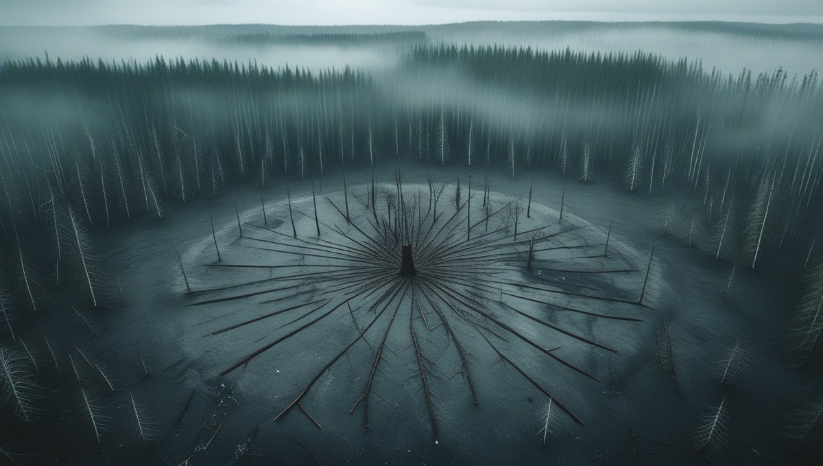 В районе Подкаменной Тунгуски деревья были повалены на гигантской площади более чем в 2000 квадратных километров, но в эпицентре взрыва остались стоять, словно обгоревшие телеграфные столбы. Изображение создано ИИ по мотивам прозошедшей катастрофы.