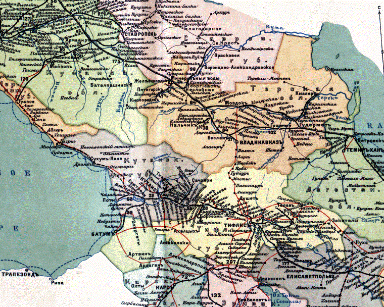 Карта железных дорог с перспективными участками, в том числе через Главный Кавказский хребет, 1918 г.