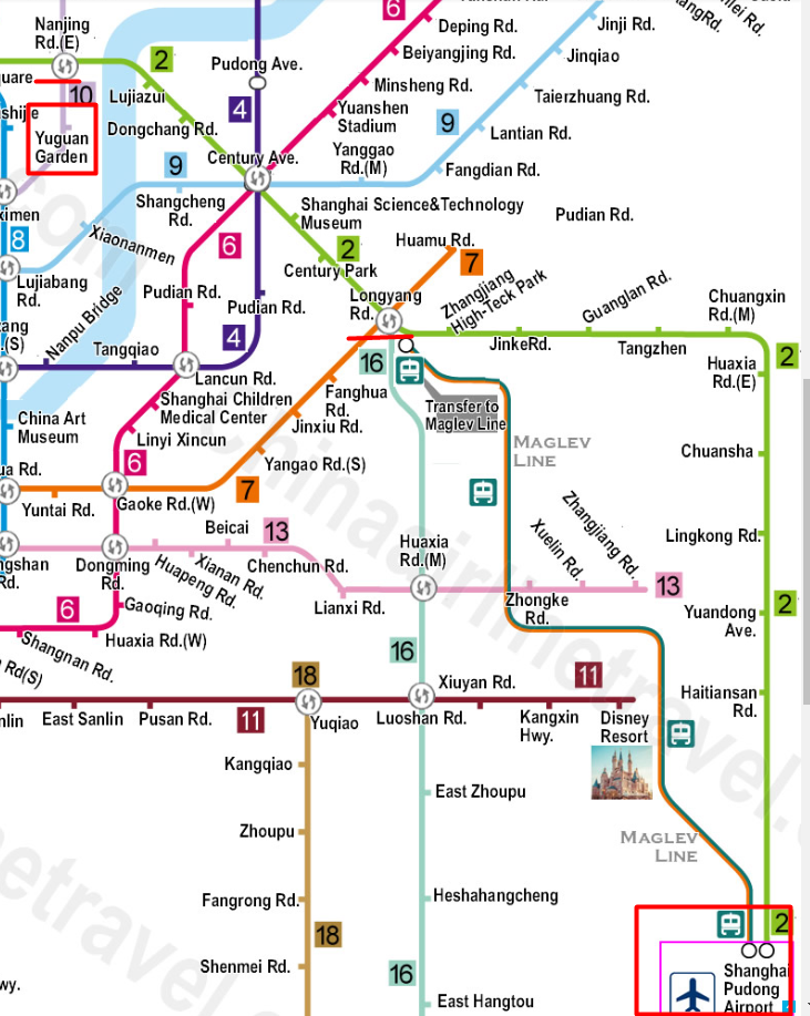 часть карты метро Шанхая, на которой отражен путь из аэропорта до станции метро Yuyuan Garden