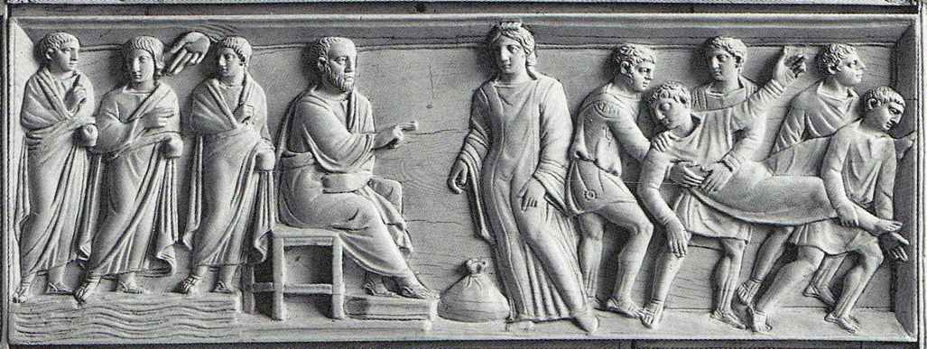 Анания и Сапфира (центр и справа). Шкатулка из Брешии, фрагмент (средний регистр), кон. IV в. 