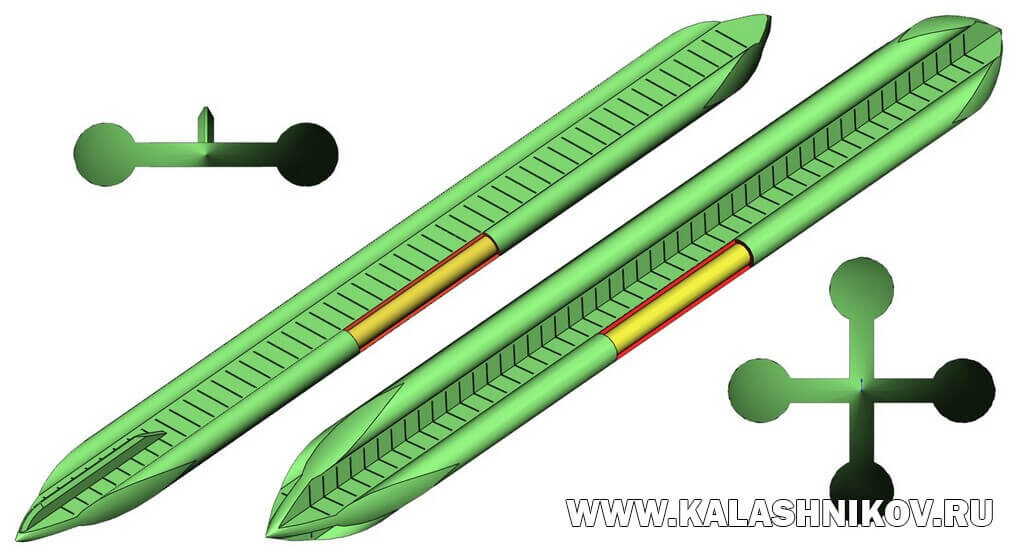 Рисунок артиллерийских снарядов к магнитофугальному орудию. Выполнен Русланом Чумаком по эскизам из работы Н. С. Япольского «Применение электрического тока переменного числа периодов к ударным машинам» (1919). Слева снаряд, построенный по типу решётчатого якоря. Боевой заряд расположен в продольных цилиндрических мостиках (показан вырезом). Такая конструкция уменьшает прочность снаряда, делает форму менее выгодной для полёта, хотя позволяет уменьшить пространство между снарядом и стволом. Справа аналогичный снаряд, но крестообразного сечения