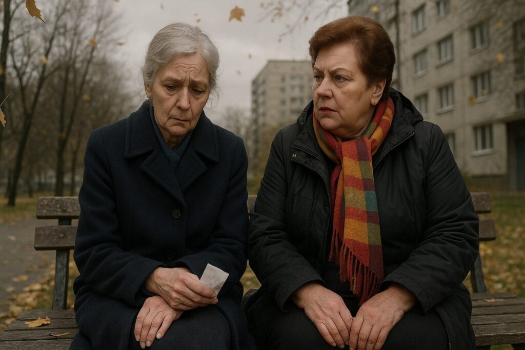    Две пожилые женщины сидят на скамейке осенним днём у многоэтажки. Левая — худая, в тёмном пальто, с подавленным выражением лица и бумажкой в руке. Правая — полная, с решительным видом и в ярком шарфе, внимательно смотрит на подругу. На заднем плане падают листья, серое небо, деревья и панельные дома. Уютный уголок