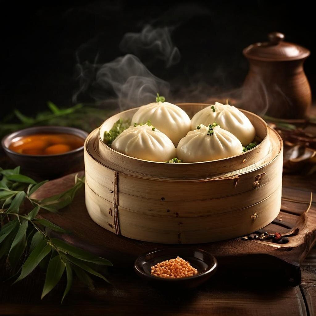 китайские булочки баоцзы в бамбуковой пароварке
