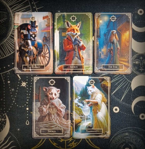 Колесница + 7 мечей + Звезда + 9 мечей + Умеренность