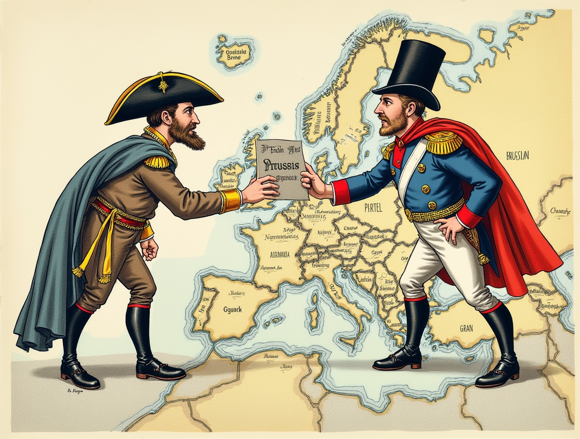 Старинная карикатура: Александр I и Наполеон делят карту Европы и никак не могут поделить кусочек, подписанный "Пруссия".