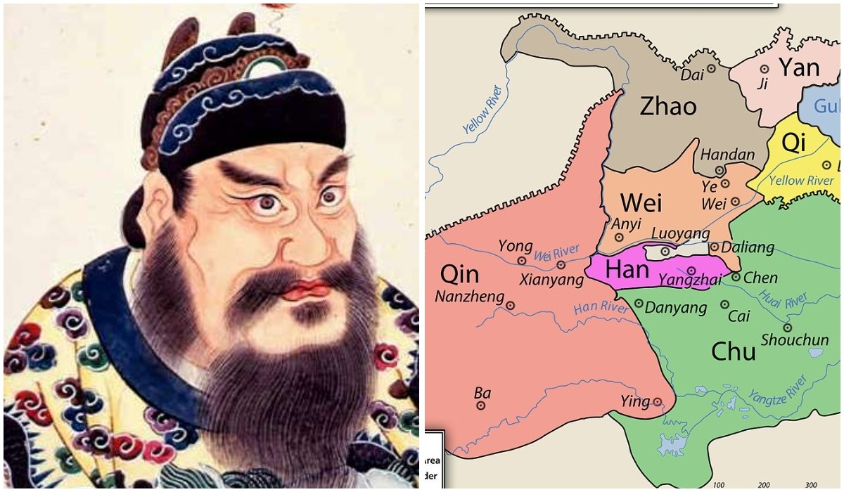 Цинь Шихуанди и карта китайских царств перода "Сражающихся царств", темно розовое - это государство Цинь.