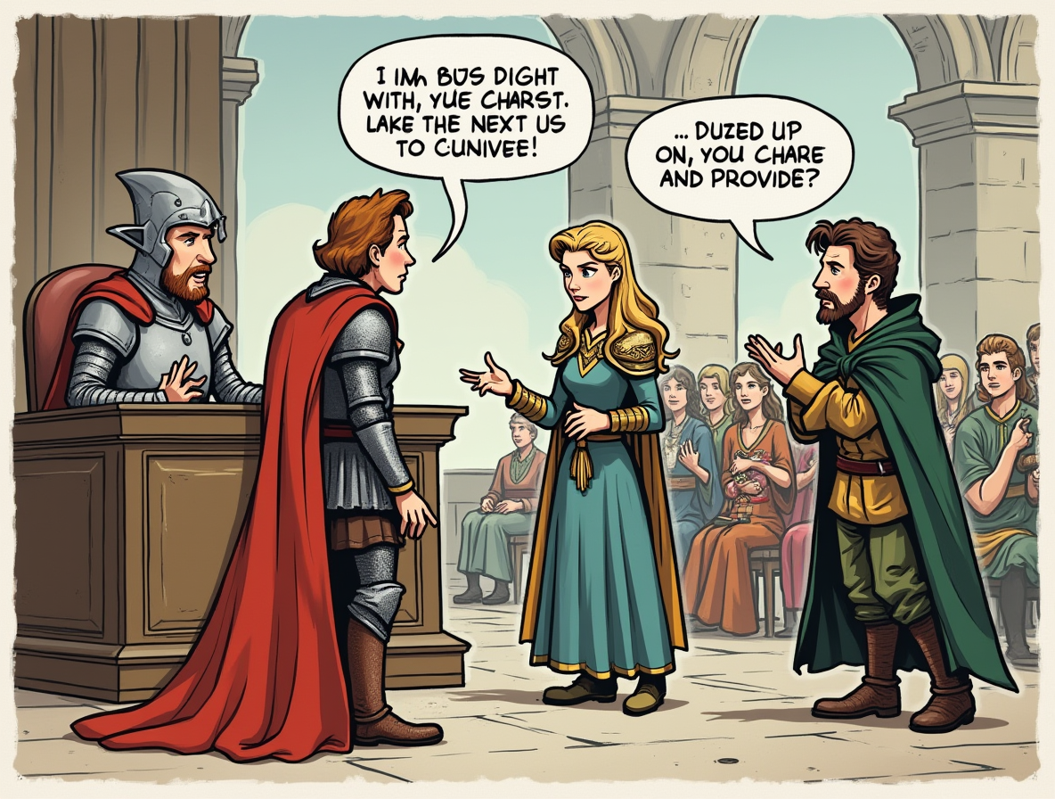 Шуточная иллюстрация "Суд по разводам в Камелоте": Артур и Гвиневера перед судьей, а их адвокаты (Мерлин и фея Моргана) яростно спорят.