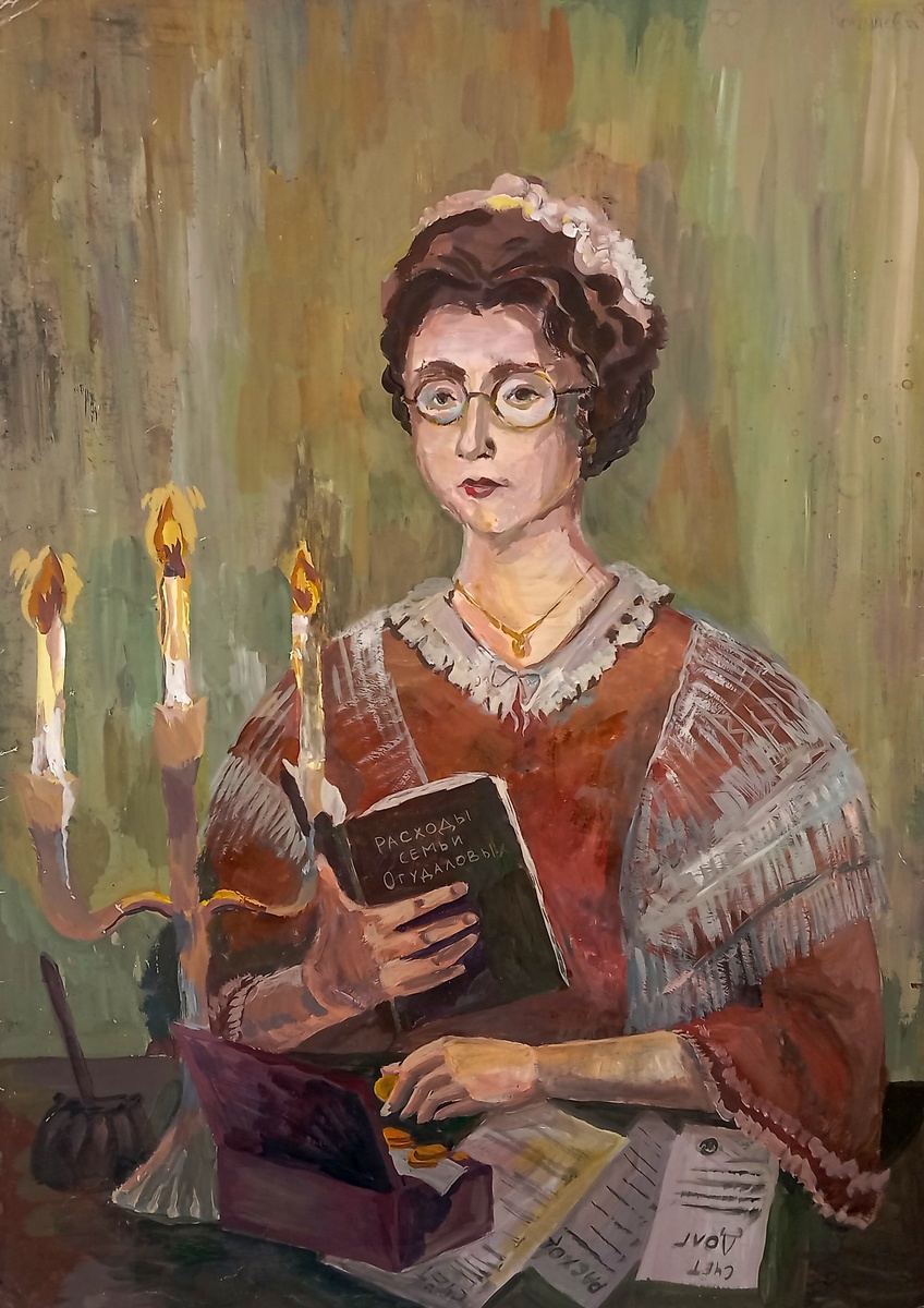 Харита Игнатьевна Огудалова. Рисунок Татьяны Качановой, 14 лет (Вологодская областная детская художественная галерея, 2024). Простим юному художнику отсутствие "еров" в некоторых словах.