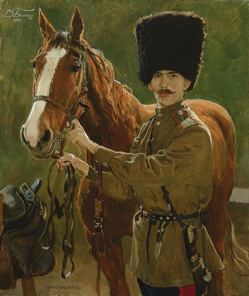 А вот и наш задумчивый герой. Картина "Есаул Кострыкин и Биплан" Дмитрия Анатольевича Белюкина