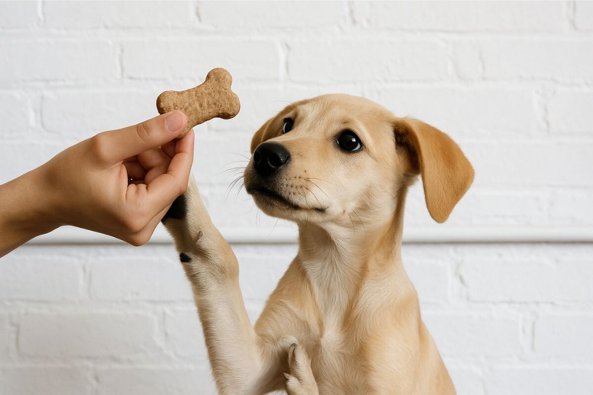 Хозяйка поощряет собаку лакомством 