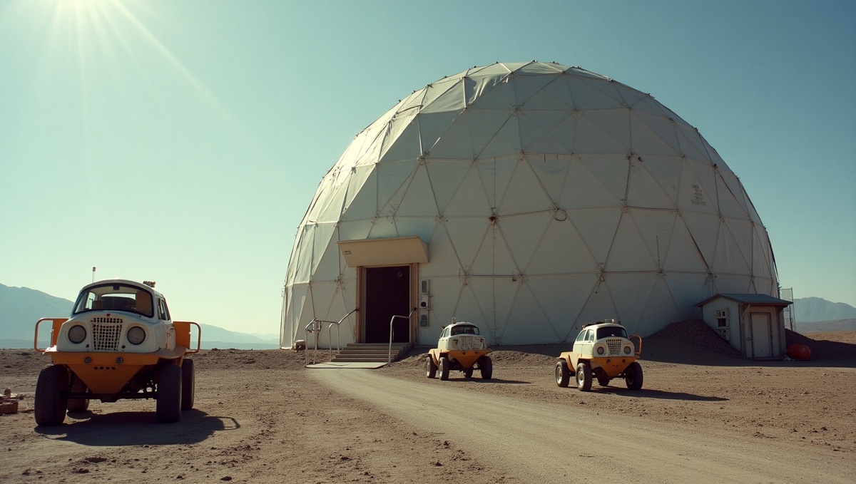 Первый лунный купол и космомобили - прототип