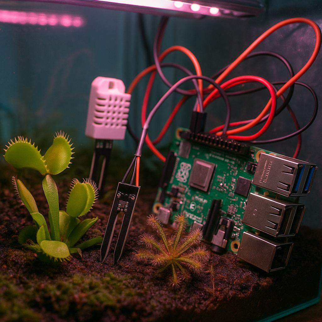 Небольшая террариум-установка: в рыхлом моховом субстрате растут венерина мухоловка и россянка, а рядом — Raspberry Pi c проводами и датчиками, освещённый пурпурно-розовыми LED-лампами, готовый отслеживать температуру, влажность и освещённость «плотоядного» сада.