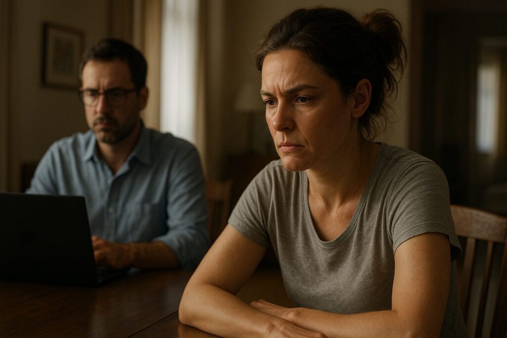    Женщина с уставшим и напряжённым лицом сидит за деревянным столом в домашней одежде; на заднем плане мужчина в очках работает за ноутбуком. Атмосфера сцены — молчаливый конфликт, предчувствие перемен. Уютный уголок