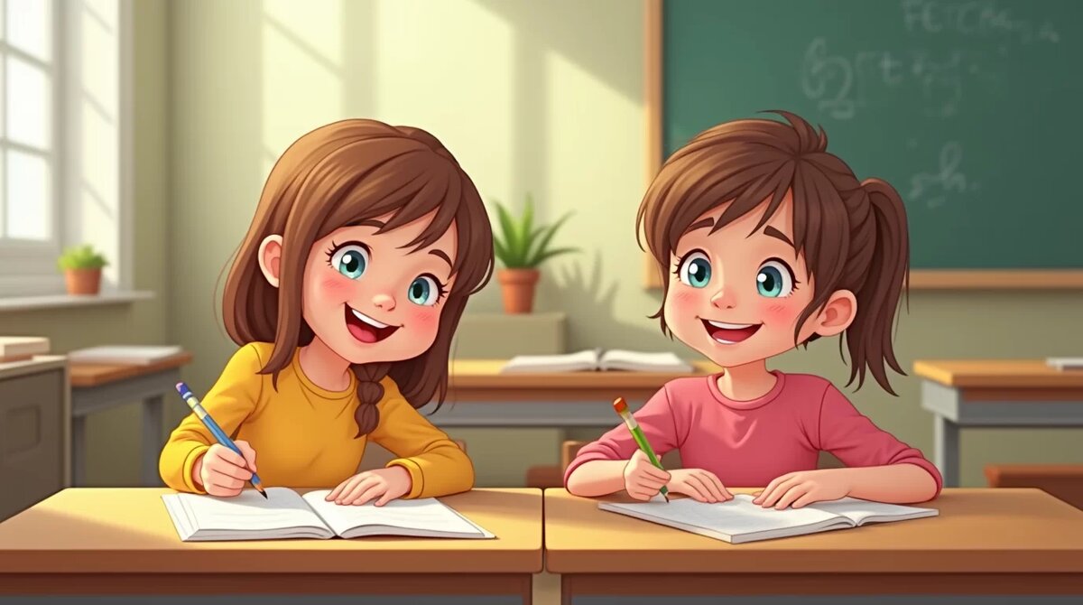    Мультяшная сцена: ученики с удовольствием проходят тест по русскому языку askmy.ru