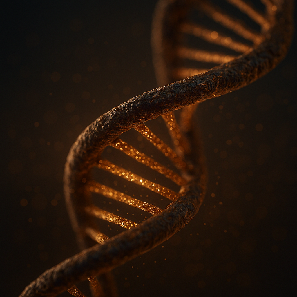 Макроснимок спирали ДНК, подсвеченной тёплым золотистым светом; вдоль нитей мерцают крошечные «частицы-битики», визуально намекая на гигабайты закодированной генетической информации.