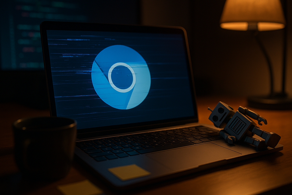 На столе разработчика мерцающий ноутбук с искажённым логотипом Chromium и «упавший» игрушечный робот символизируют нестабильность ботов, которых можно обрушить одним хитрым JavaScript-трюком.