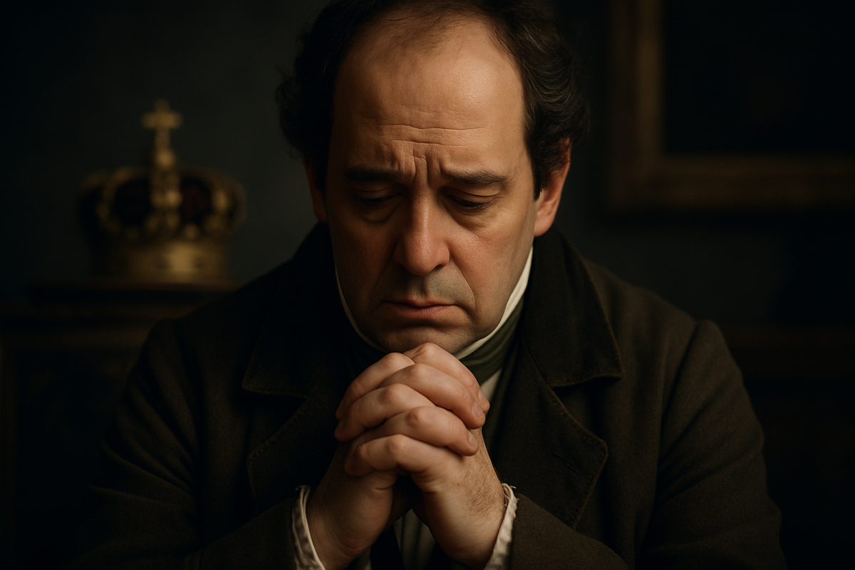 Принц-регент Жуан (будущий король Жуан VI)
Опущенный взгляд и сцепленные в молитве руки — на портрете Жуан, сын Марии I, человек, которого страх перед безумием матери сделал жестким и набожным правителем. Перед нами — регент, затравленный тенью трона.