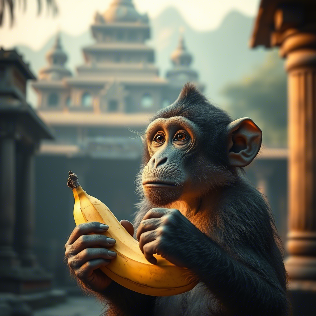 "Обезьяна с бананом в руках, задумчивый взгляд