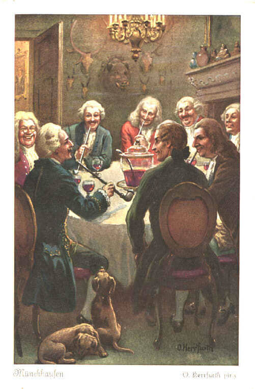    Позднее Мюнхгаузен поступил в кирасирский Брауншвейгский полк. В нём барон прослужил более десяти лет, но ни в каких сражениях в течение этого времени не участвовал / Мюнхгаузен рассказывает истории. Старинная почтовая открытка / Wikimedia Commons