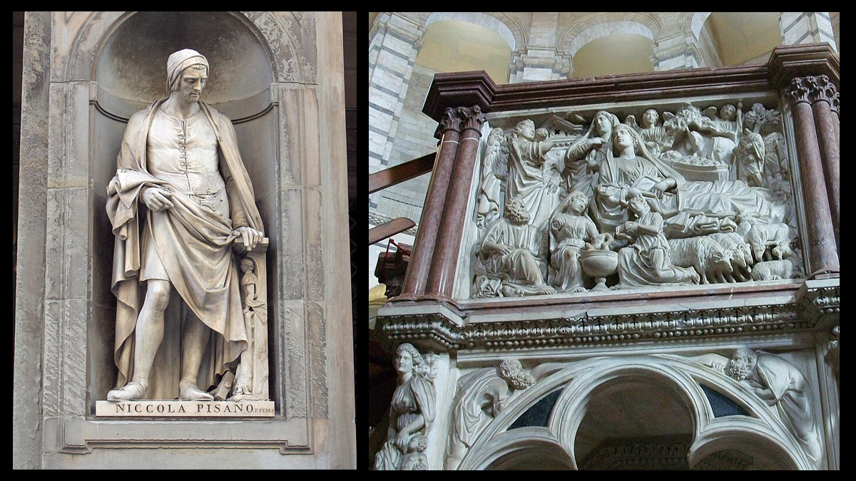 Никколо Пизано. Посмертная портретная статуя Николы Пизано XIX века в галерее Уффици во Флоренции Кафедра (фрагмент): «Рождество Христово» и Благовещение пастухам