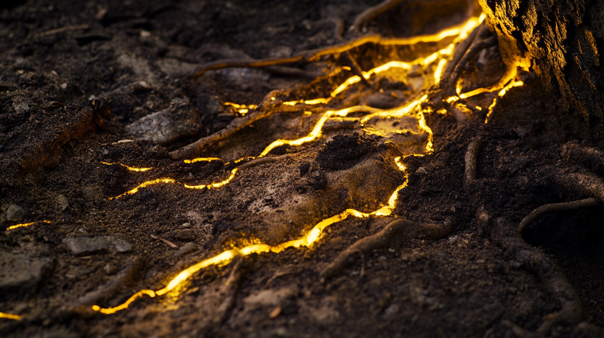 Биолюминесцентный мицелий, распространяющийся под лесом, соединяет деревья в единую сеть