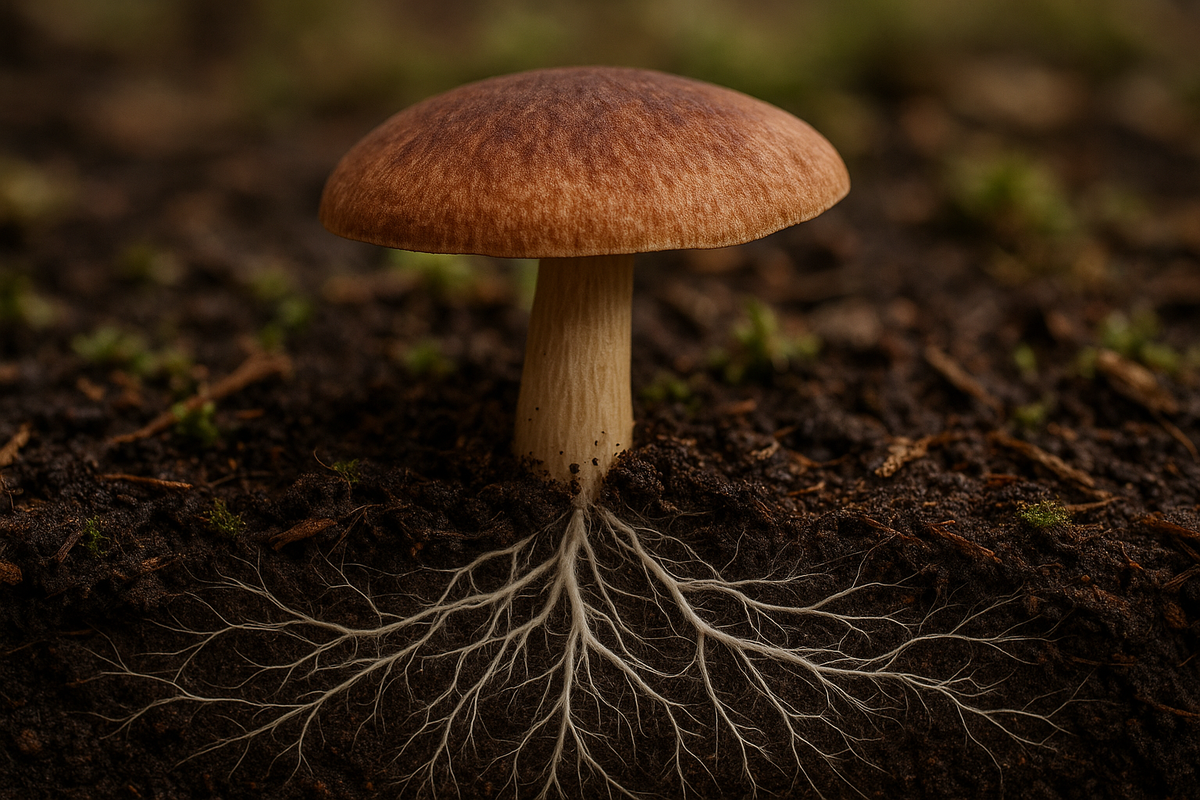 Структура гриба: шляпка на поверхности и обширная сеть мицелия под землёй