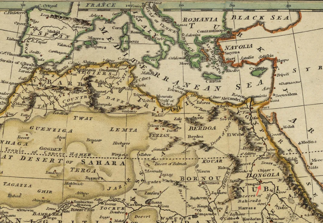 Карта Африки 1808 года, красная стрелка указывает на Донголу