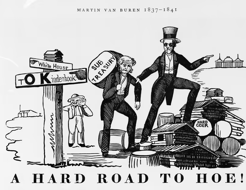 На этой политической карикатуре изображен Мартин Ван Бюрен, который безуспешно баллотировался против Уильяма Генри Гаррисона, известного как кандидат «бревенчатой ​​хижины и крепкого сидра», во время президентской кампании 1840 года. У Ван Бюрена заметно прозвище «ОК»