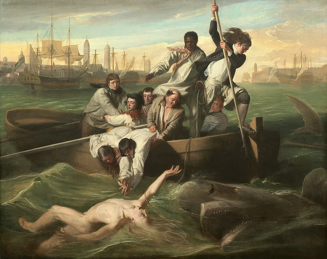«Уотсон и акула» (1778), Джон Синглтон Копли. Холст, масло. 182,1 × 229 см. Национальная галерея искусства, Вашингтон, округ Колумбия, США.
