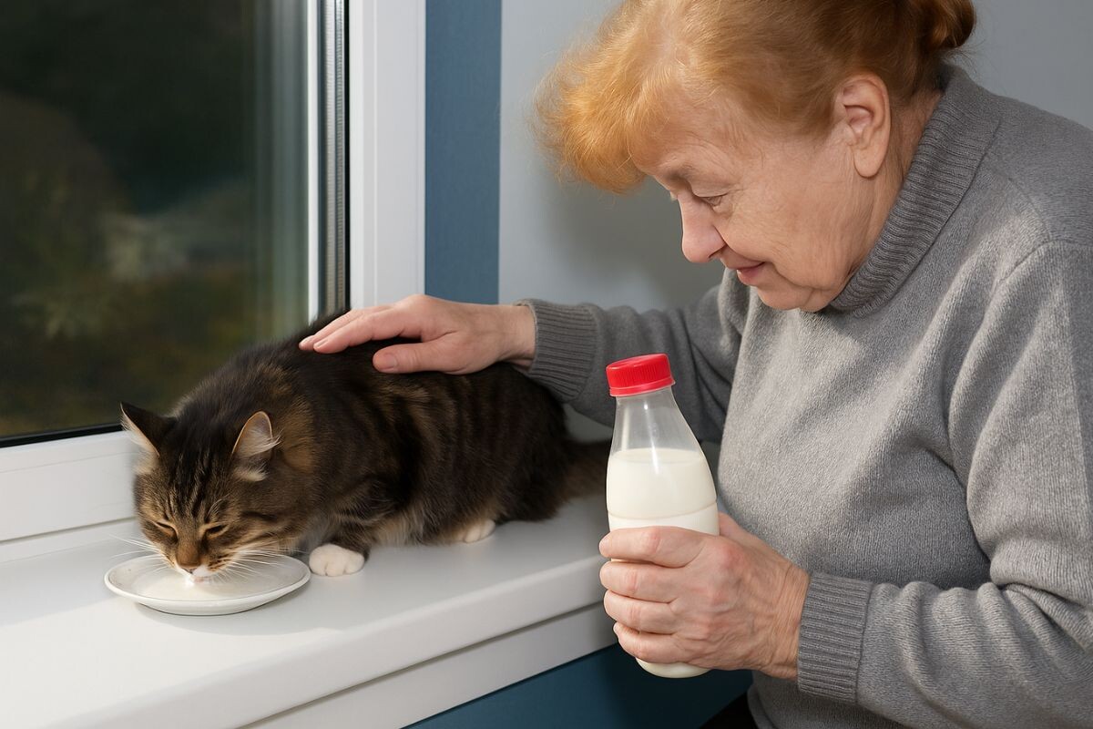 Пожилая женщина кормит кота 