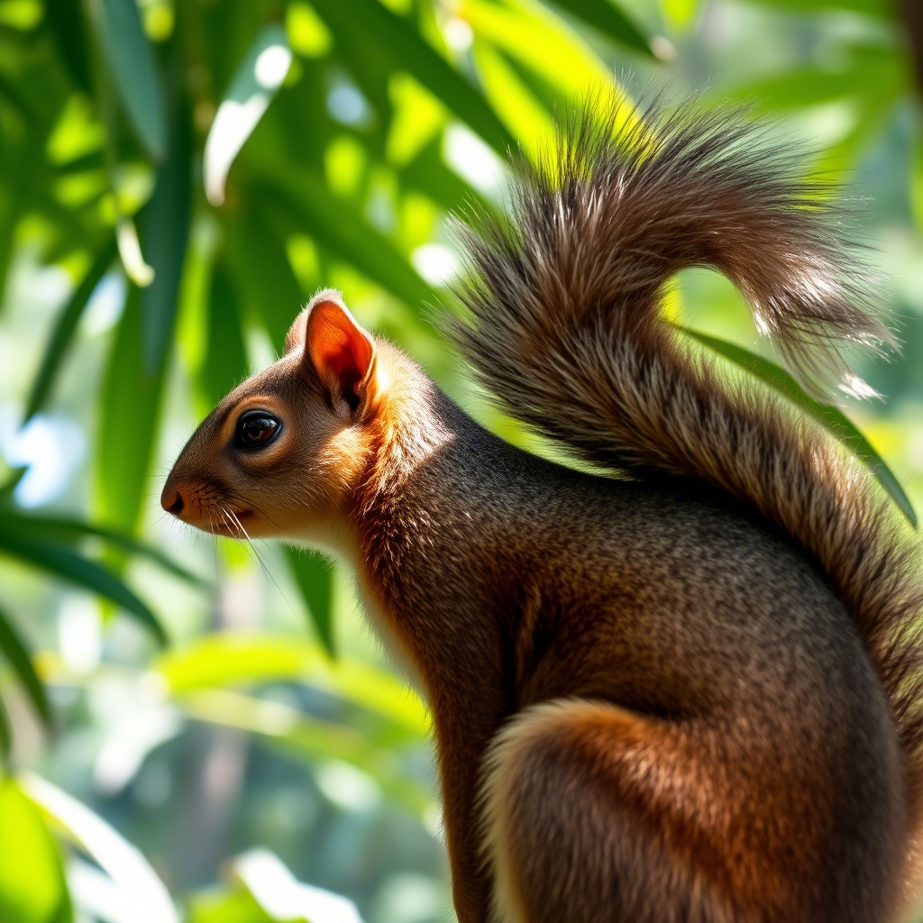 Фото индийской гигантской белки на фоне пышных тропических джунглей,