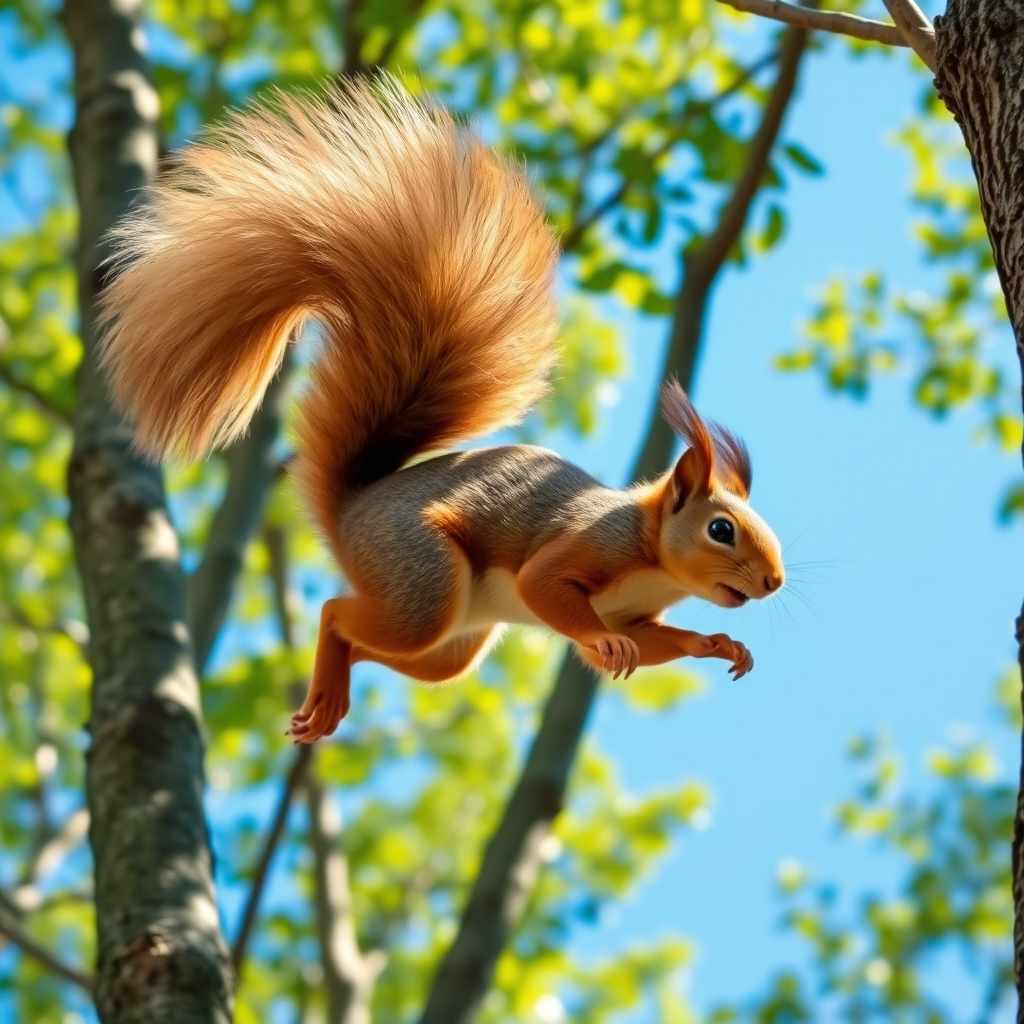 Индийская гигантская белка прыгает с одного дерева на другое
