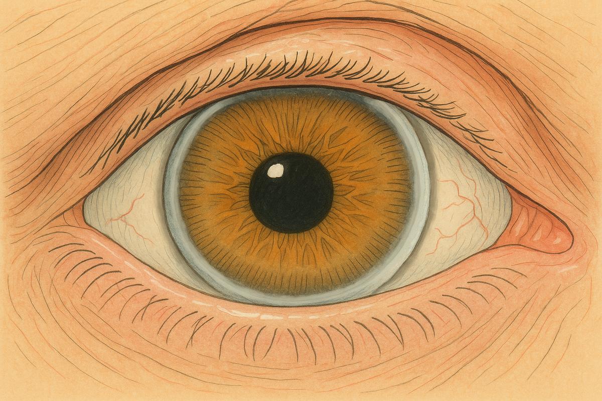 Arcus senilis - белесоватая полоса радужки глаза. Образуется из-за отложения холестерина.