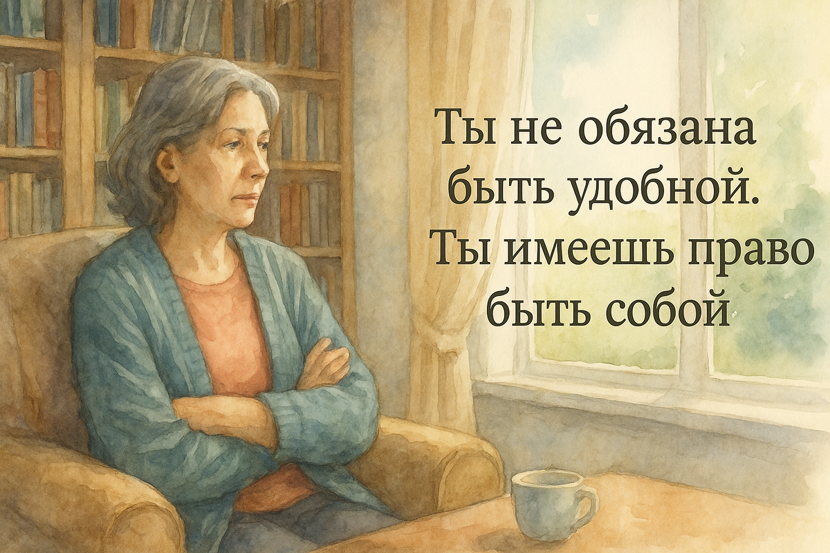 Женщина 50+ сидит в уютной домашней библиотеке, окружённая книгами и мягким светом. Её взгляд направлен в окно, где пробивается свет. Атмосфера уюта, тепла и возвращения к себе.