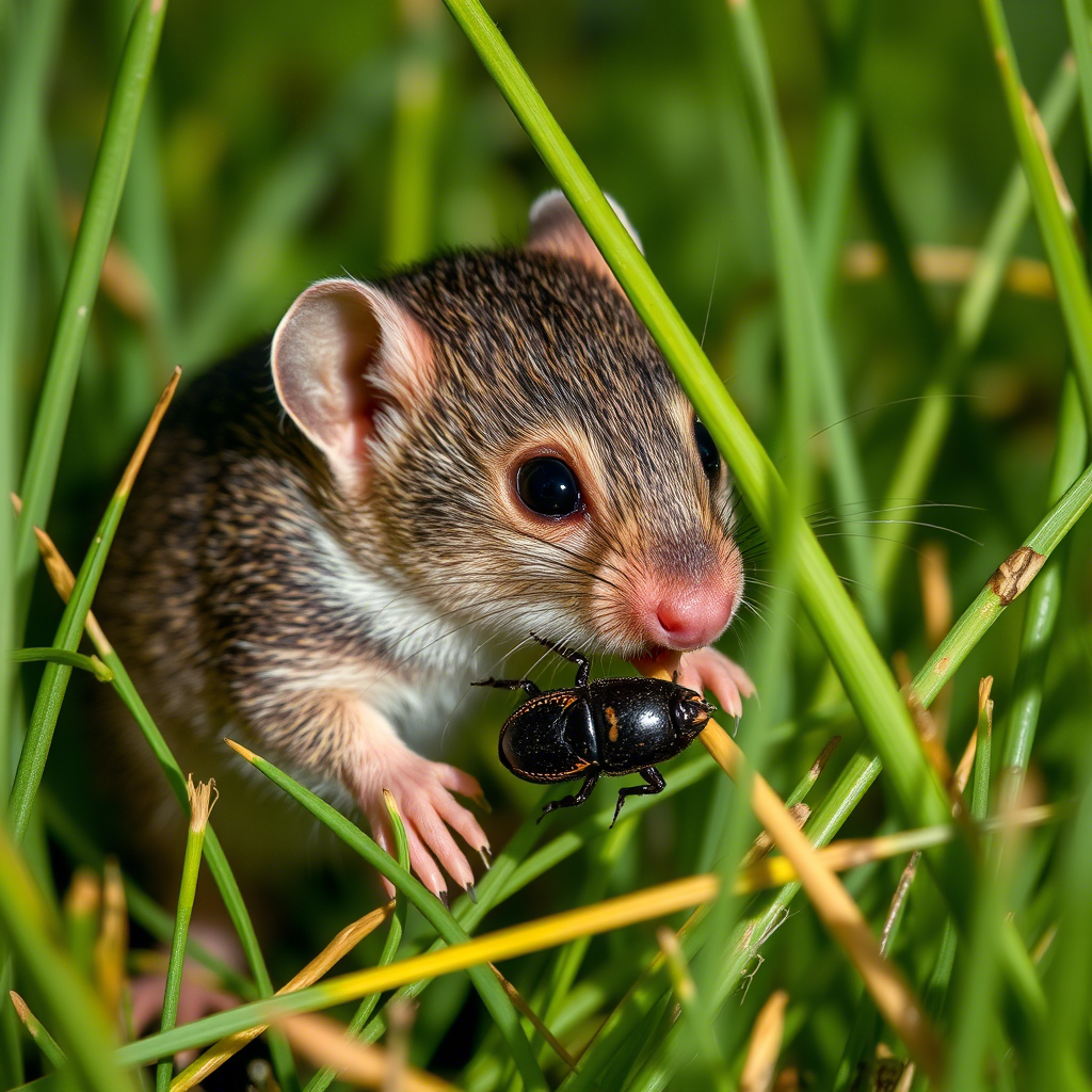 Карликовая многозубка охотится на жука в траве
