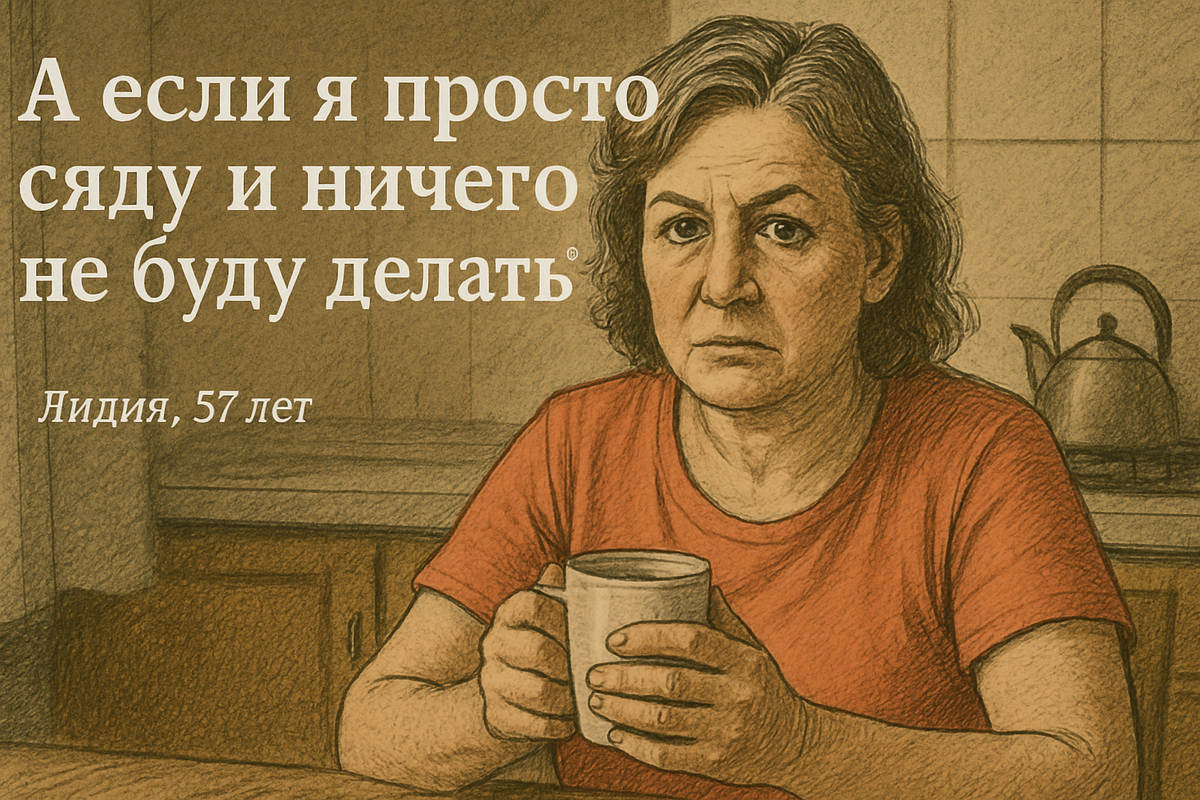 Женщина 57 лет в уютной кухне держит в руках кружку, задумчиво глядя перед собой. Её лицо выражает усталость и лёгкую задумчивость — как будто она впервые позволила себе просто остановиться и ничего не делать.