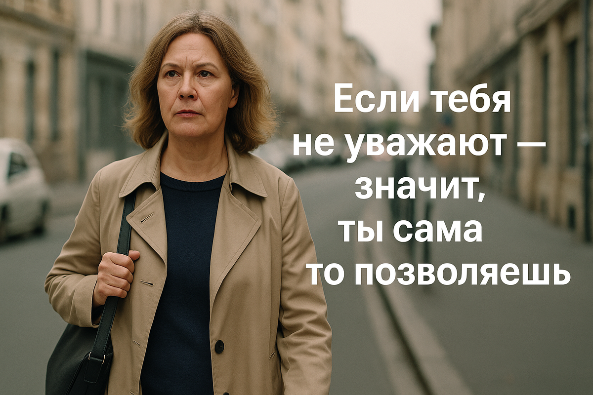 Женщина 50+ идёт по городской улице, её взгляд прямой и уверенный. В руке сумка, её шаги решительны. Атмосфера внутренней силы и нового понимания себя.