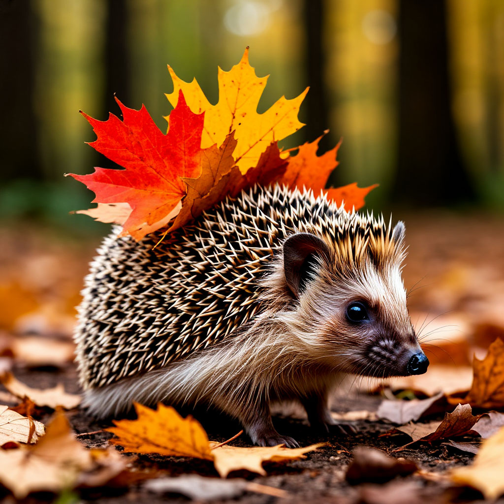 Ёжик с листьями. Картинка создана автором в Шедеврум.