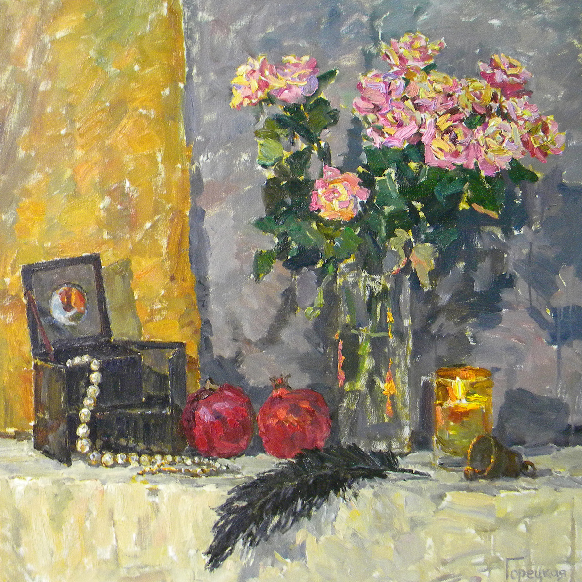 Полина Горецкая "Натюрморт с жемчугом и розами" 2021 картон, масло 90х90