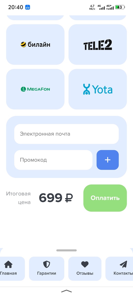 Скриншот заполнения данных для оплаты