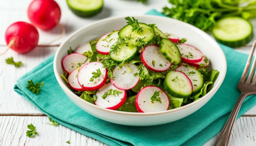 Салат с редисом, огурцом и кефирной заправкой